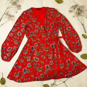 Zara Trafaluc Red Floral Wrap Dress w/ Hidden Shorts – Skort Romper Style, S